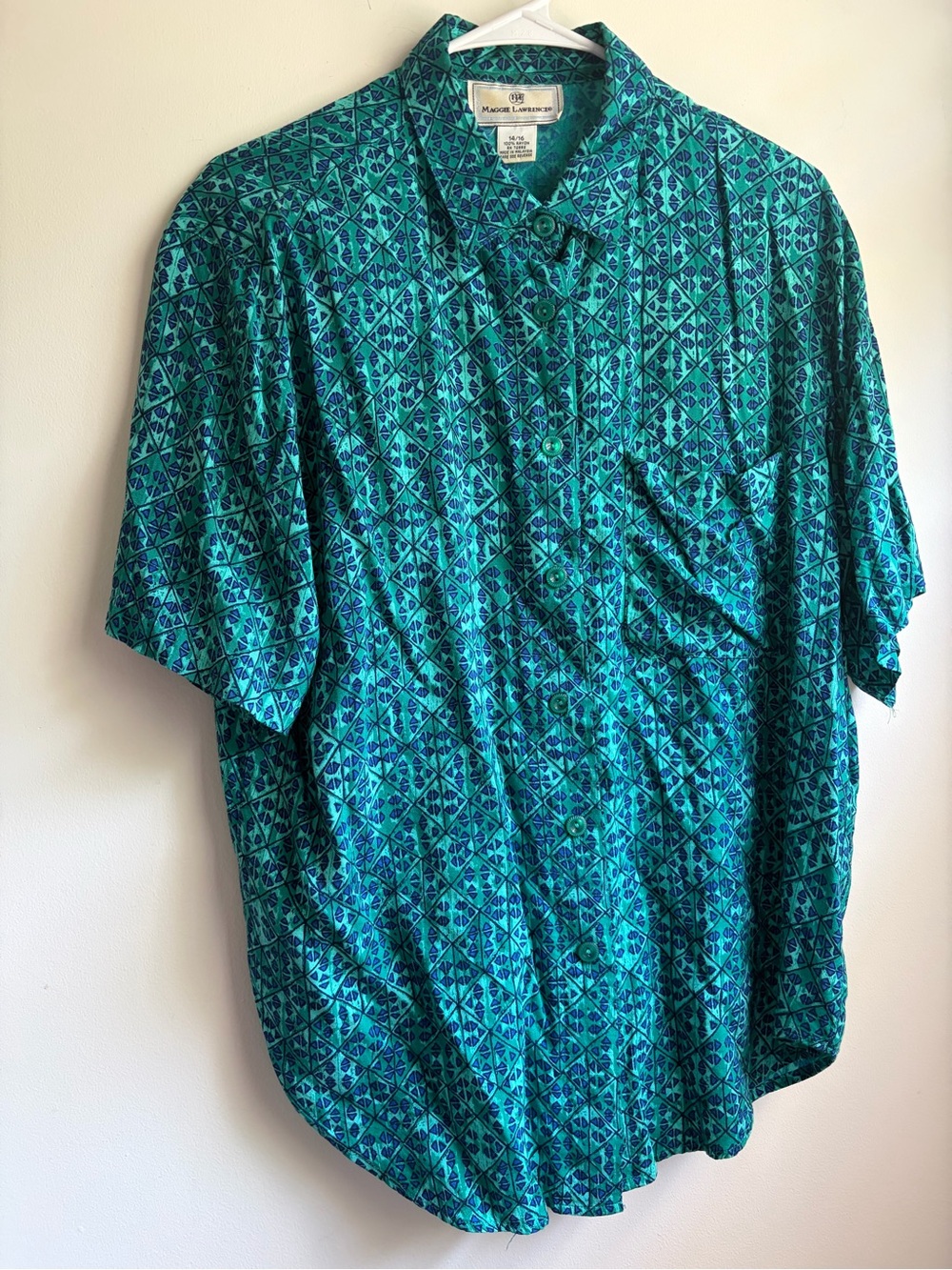 Vintage Maggie Lawrence Multicolor Geometric Button Green Shirt Women 14/16